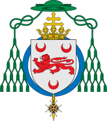 Arms of 18th-century Archbishop Arthur-Richard Dillon display a Patriarchal cross and green galero with 15 tassels before 10 became standard, with Order of the Holy Spirit around and below the shield. Coat of arms of Arthur Richard Dillon.svg