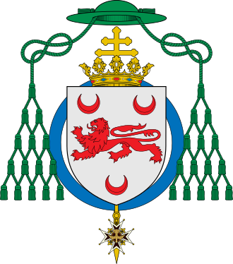 Dillon's coat of arms. Above the escutcheon the green galero with fifteen tassels (as primate of Gallia narbonensis) and around the escutcheon is the cordon bleu of the Order of the Holy Spirit. Coat of arms of Arthur Richard Dillon.svg