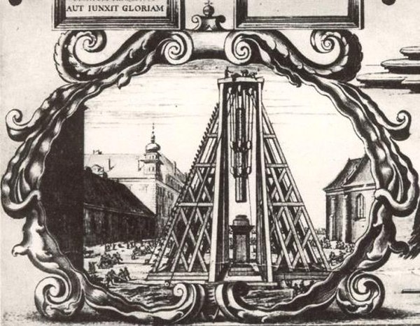 Construction of the Sigismund's Column, detail of the 1646 engraving by Willem Hondius.