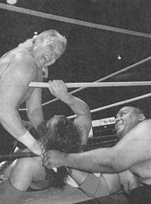 Dan Spivey (left) and Abdullah the Butcher (right) team up to attack Brody (center). This match took place on July 15, 1988, the day before Brody was stabbed to death in the locker room of Juan Ramon Loubriel Stadium in Bayamon, Puerto Rico. Dan Spivey and Abdullah the Butcher vs. Bruiser Brody.jpg