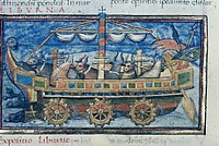 Ox-powered Roman paddle wheel boat from a 15th-century copy of De Rebus Bellicis De Rebus Bellicis, XVth Century Miniature.JPG