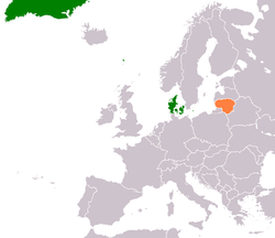 Mapa označující umístění Dánska a Litvy