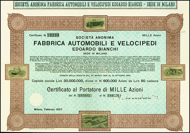 Share of the Fabbrica Automobili e Velocipedi Edoardo Bianchi from February 1927, unissued