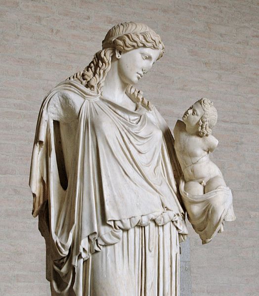 Eirene with the infant Plutus: Roman copy after Kephisodotos' votive statue, c. 370 BC, in the Agora, Athens.