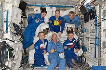 Expedition 21 crew members pose with three Extravehicular Mobility Unit spacesuits in the Columbus laboratory of the International Space Station. Expedition 21 crew members with three EMU spacesuits in the Columbus lab of the International Space Station - 20091117.jpg