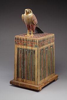 Falcon box with wrapped contents; 332–30 BC; painted and gilded wood, linen, resin and feathers; 58.5 × 24.9 cm; Metropolitan Museum of Art (New York City)