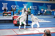 Deutsch: Fechten bei den Olympischen Jugend-Sommerspielen 2018: Tag 1, 7. Oktober 2018, Jungen, Säbel, Viertelfinale - Hibiki Kato (JPN) - Hyun Jun (KOR) 12:15 English: Fencing at the 2018 Summer Youth Olympics at 7 October 2018 – Boys' sabre Quarterfinals – Hibiki Kato (JPN) Vs Hyun Jun (KOR) 12:15