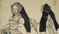 Front and back views of a box-backed gable hood of c. 1528–30.  Detail of a drawing by Holbein