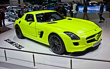 2011 Mercedes-Benz SLS AMG E-Cell prototype with four near-wheel motors which share the advantages of in-wheel motors while avoiding issues of unsprung weight and wear Geneva Motor Show 2011 - Mercedes SLS AMG E-Cell (5559795194).jpg