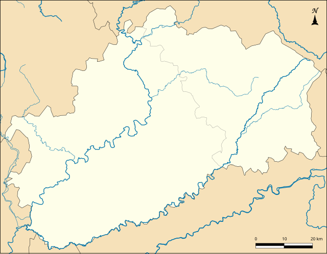 Mapa konturowa Górnej Saony, blisko centrum u góry znajduje się punkt z opisem „Équevilley”