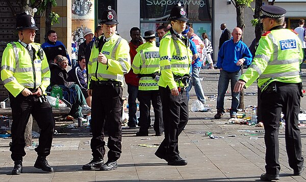 GMP officers on patrol in Piccadilly Gardens, Manchester, after the 2008 UEFA Cup final