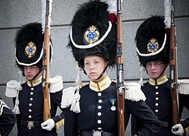 Grenadiers of the modern Swedish Life Guards wearing traditional ceremonial uniform. Grenadjarvakt ur Livgardet.jpg