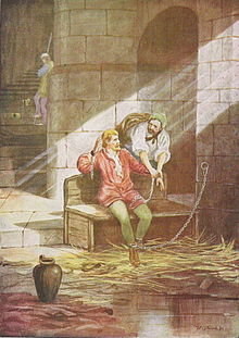 Gruffudd ap Cynan escapes from Chester. Illustration by T. Prytherch in 1900 Gruffydd ap Cynan.jpg