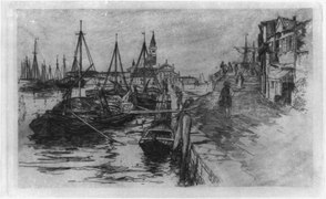 1860ː Harbor and docks with fishing smacks, Italy