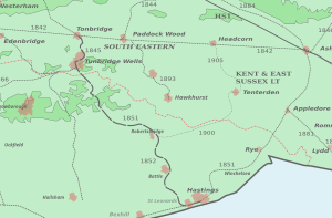 Map showing the Hastings line in relation to railways in Kent.