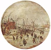 Winter scene with skaters label QS:Len,"Winter scene with skaters" label QS:Lpl,"Scena zimowa z łyżwiarzami" label QS:Lnl,"Winterlandschap met schaatsers" 1620-1634. oil on panelmedium QS:P186,Q296955;P186,Q106857709,P518,Q861259. 30.5 × 30.5 cm (12 × 12 in). Budapest, Museum of Fine Arts.