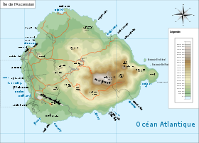 Carte de l'île[George(s)ville est à l'ouest, entreCatherine Point, Tartar Rock et Cross Hill ;le pic de Montagne Verte au centre-est].