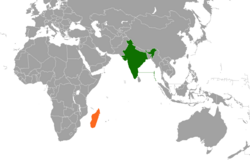 Mapa označující umístění Indie a Madagaskaru