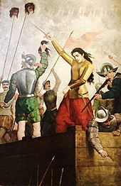 Ines de Suarez, successfully defending Santiago against a Mapuche attack in 1541 Ines de Suarez 2.JPG