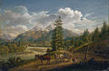 "Ausfluss 1/2 Stund vom Koenig See. J.B. Isenring peint. 1823." (Pferdegespann im Berchtesgadener Land). Öl auf Holz. 1823. Ca. 21 x 30,5 cm.
