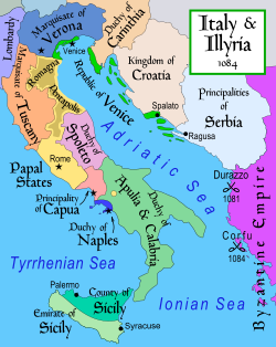 Lokasi kadipaten Puglai dan Calabria di antara negara-negara lain di Semenanjung Italia pada tahun 1084.