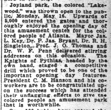 Atlanta Constitution article reporting the opening of the amusement park Joyland Park opens.jpg