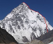 The south side of K2 with the Abruzzi Spur route K2 Abruzzi Spur.jpg