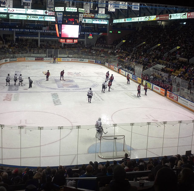 The Kitchener Rangers playing at the Kitchener Memorial Auditorium Complex against the Guelph Storm in 2014.