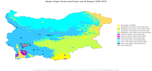 Koppen climate types of Bulgaria Koppen-Geiger Map BGR present.svg