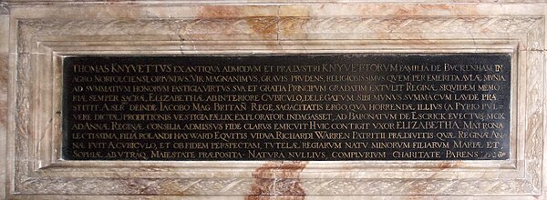 Latin inscription on mural monument to Thomas Knyvet, 1st Baron Knyvet, Stanwell Church