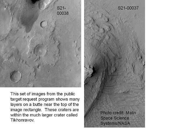 Layers in Tikhonravov Crater in Arabia, as seen by Mars Global Surveyor (MGS). Layers may form from volcanoes, the wind, or by deposition under water.