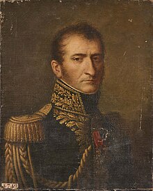 Black and white print shows a stern-faced man with long sideburns and a widow's peak. He wears a dark military uniform with lots of gold lace.