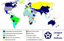 Mappa del mondo anacronistica che mostra gli stati membri della Lega durante i suoi 26 anni di storia