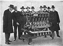 The 6500th Lincoln Liberty Aircraft Engine produced in the plant; Henry Leland and his son Wilfred Leland are on left Lincoln6500LibertyEngine.jpg