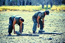 M15 mines removed from a Cuban minefield being stacked for disposal. Three of them show additional fuze wells on the side Marines stack mines for disposal.jpg