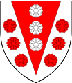Augmentation of honour granted by King Henry VIII to his 6th wife Queen Catherine Parr: Argent, on a pile gules between six roses of the second three roses of the field