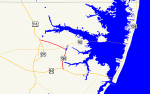 A map of northeastern Worcester County showing major roads. Maryland Route 589 runs from Grays Corner to Showell via Ocean Pines.