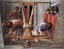 Masaccio, Crucifixion of Saint Peter from the Pisa Altarpiece. Masaccio, polittico di pisa.jpg