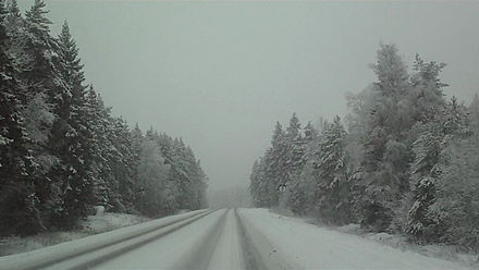 Finnish national road 192 in Masku covered by snow and ice in December.