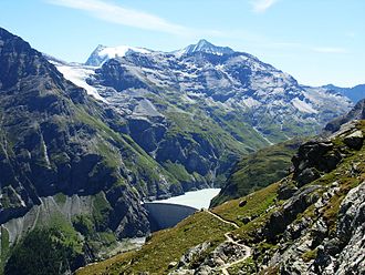 La Ruinette (centre right) and Mont Blanc de Cheilon (left) with the Lac de Mauvoisin Mauvoisin.jpg