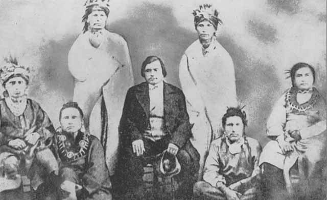 1857 photograph of the "Mesquakie Indians responsible for the establishment of the Meskwaki Settlement" in Tama County, Iowa.