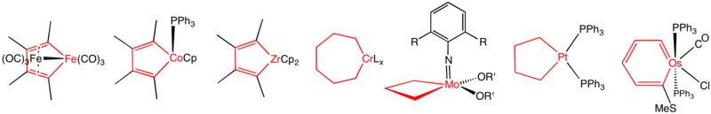 Representative metallacycles. From the left: a ferrole, a cobaltacyclopentadiene (a trapped intermediate from alkyne trimerization), zirconacyclopentadiene, chromacycloheptane (intermediate in trimerization of ethylene, L is unspecified), a molybdacyclobutane, a platinacyclopentane, and an osmabenzene MetallacycleVarPack2013lessGlitch.png