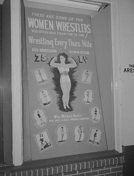 A mid-twentieth century poster advertises women wrestlers, primarily Mildred Burke.
