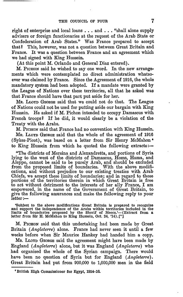 Minutes of the Paris Peace Conference 1919. The correspondence was described by David Lloyd George as "the Treaty with the Arabs"