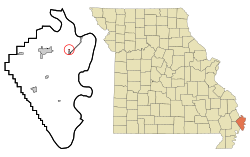 威爾遜城在密西西比縣及密蘇里州的位置（以紅色標示）