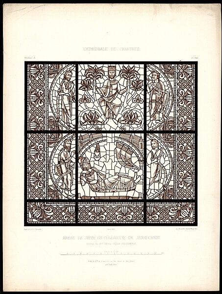 File:Monografie de la Cathedrale de Chartres - Atlas - Vitrail del arbre de Jessé Feuille A Facade Occidentale - Lithographie deux teiintes.jpg