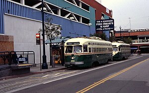 Muni PCC streetcars at Jones and Beach, March 2001.jpg