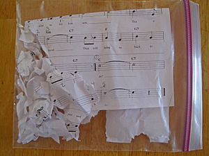 Найлонова торбичка с цип върху дървена повърхност, съдържаща парченца хартия с музикални ноти и тояга върху тях