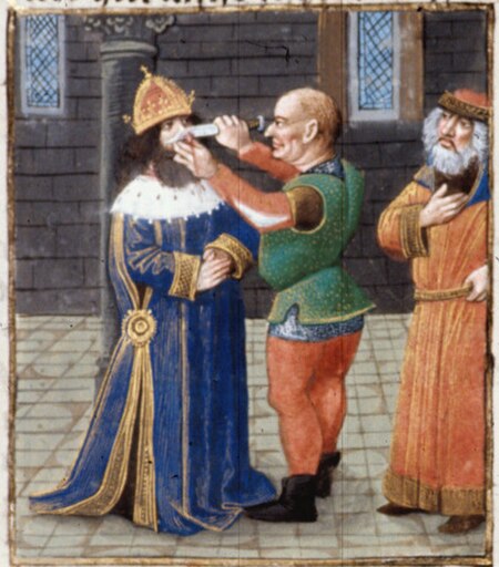 Mutilation of Justinian II on the orders of Leontius in 695, miniature from a 15th century French manuscript.