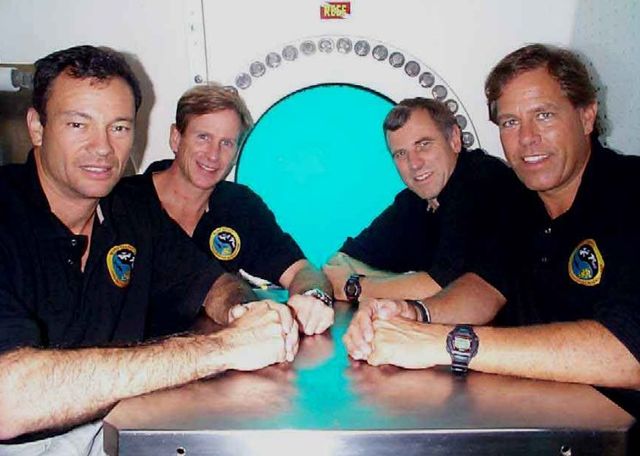 The first NEEMO crew, L–R: in front, Mike López-Alegría and Bill Todd, in back, Mike Gernhardt and Dave Williams